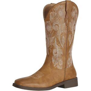 Women's Tan Square Toe Calf High Fashion Western Embroidered Cowgirl Boots